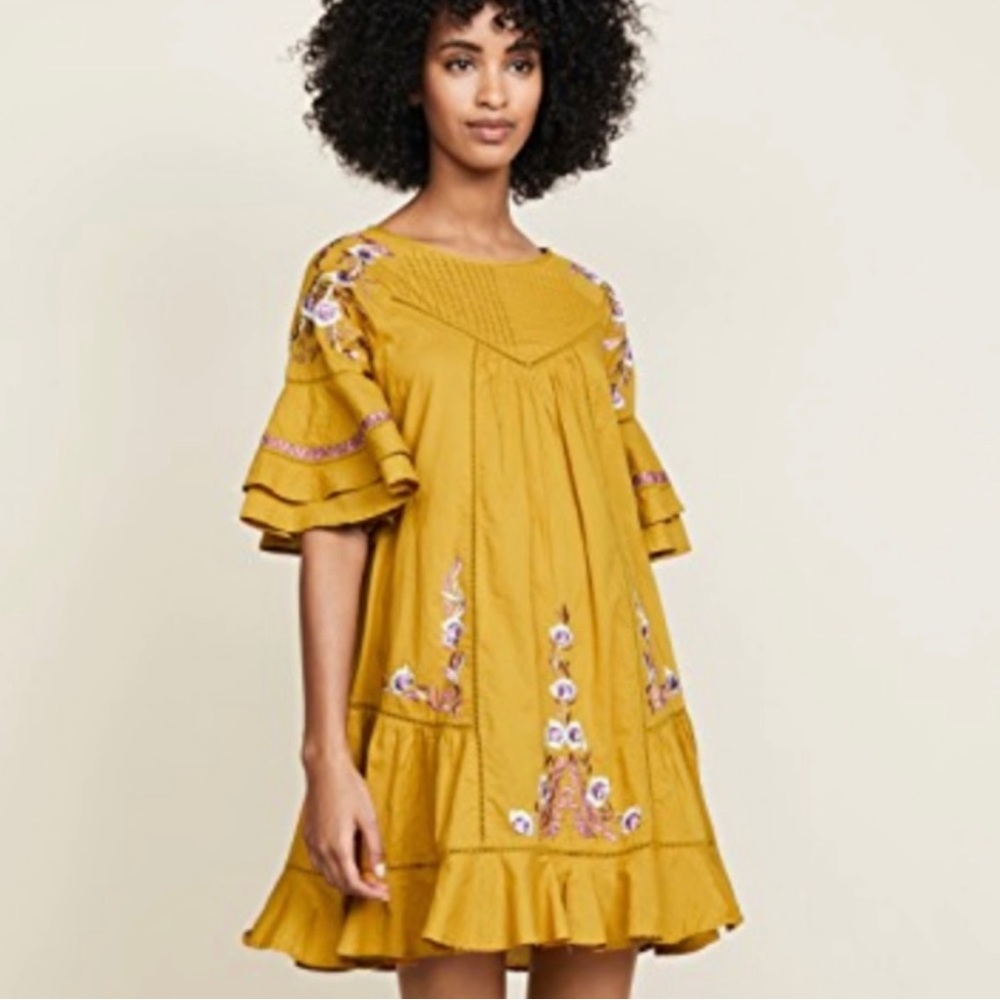 Free People Pavlo Boho Festival Yellow Embroidered Tunic Ruffle Dress